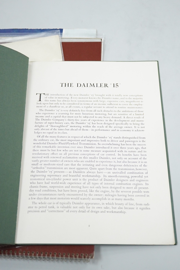 Six 1930s to 1960s Jaguar and Daimler motor car manufacturer’s brochures; the Daimler 15 (produced 1932-37), a folding poster of the 1930s Daimler range, the Jaguar XK140 (produced 1954-57), the Jaguar Mk.II (produced 19